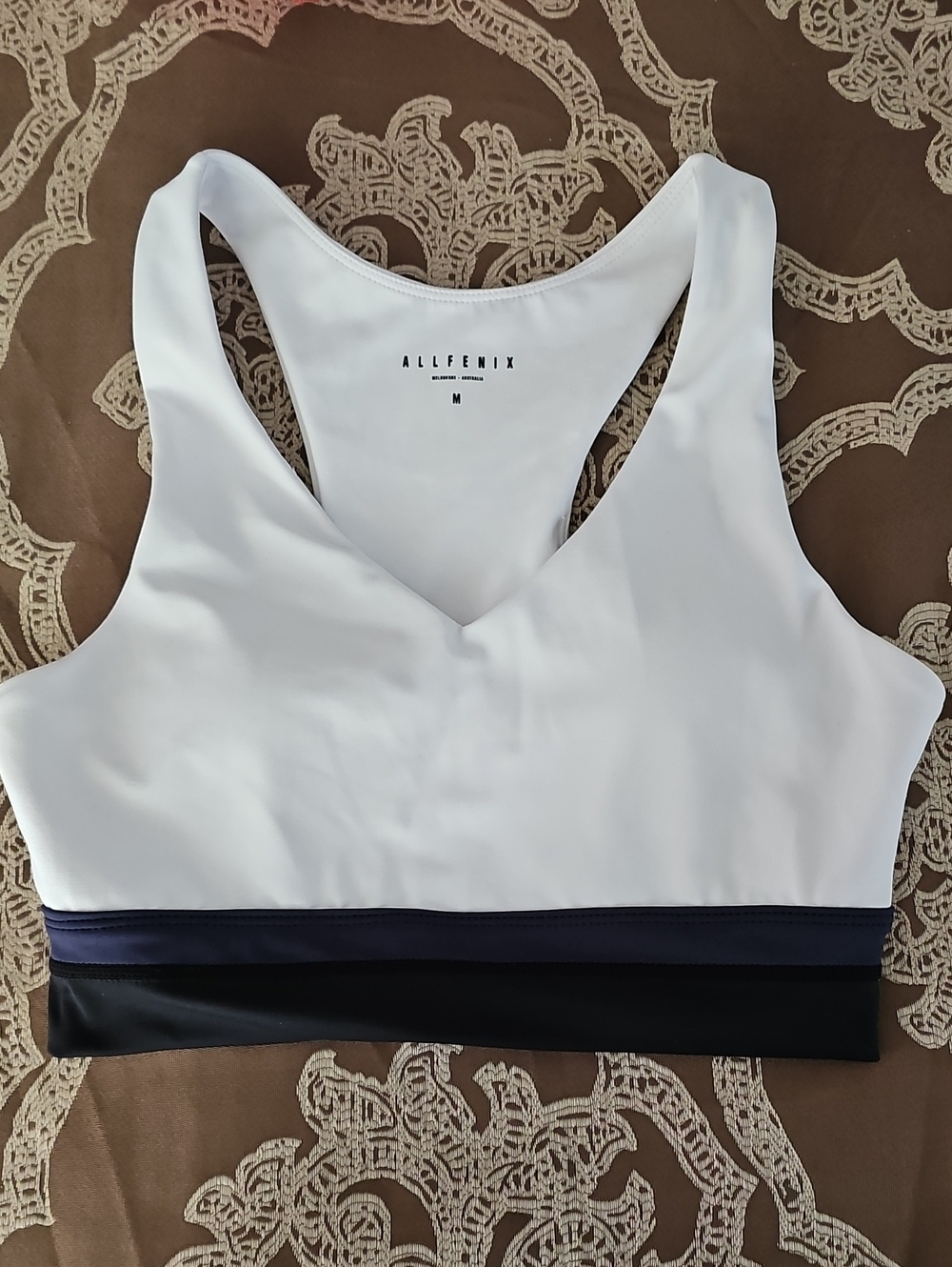 All Fenix White V-Neck Sports Bra with Black & Navy Band
